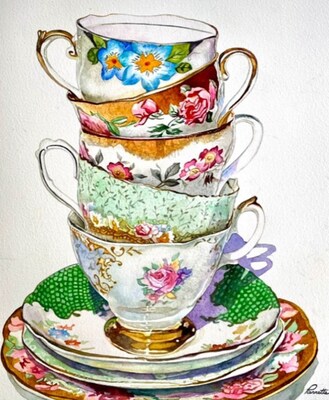 "Vintage Tea Cups" 🫖 Original Watercolor Painting by Pierrette Komarek - image2
